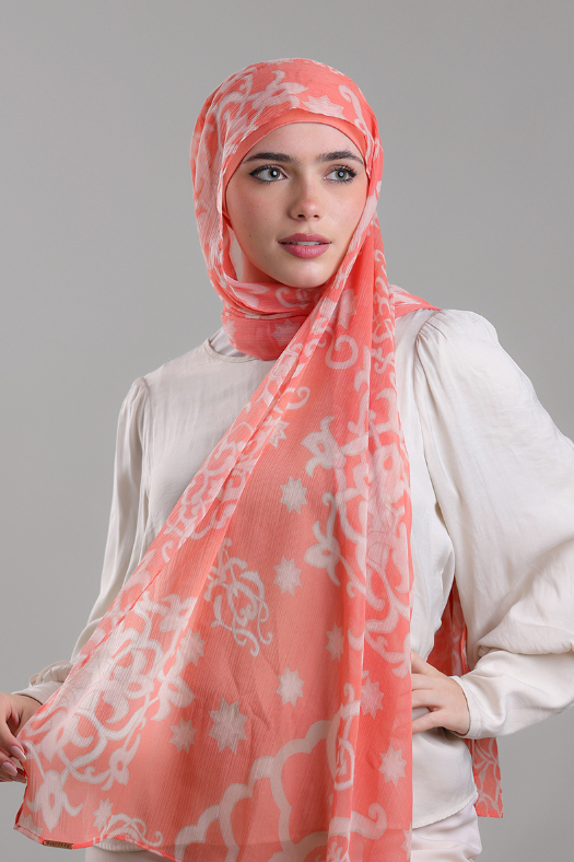 Putra Coral - Printed Plus Crinkled Chiffon