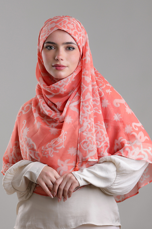 Putra Coral - Printed Plus Crinkled Chiffon