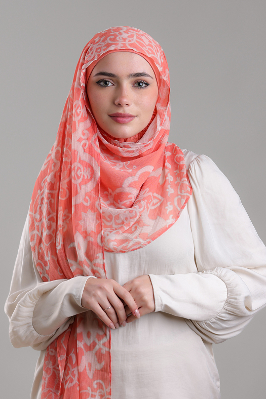 Putra Coral - Printed Plus Crinkled Chiffon