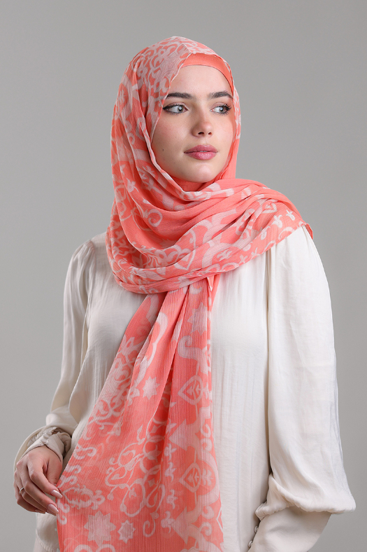 Putra Coral - Printed Plus Crinkled Chiffon