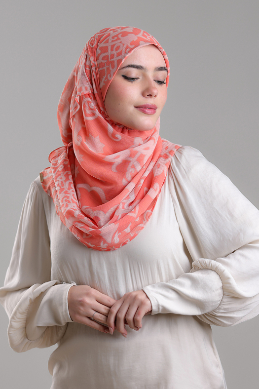 Putra Coral - Printed Plus Crinkled Chiffon