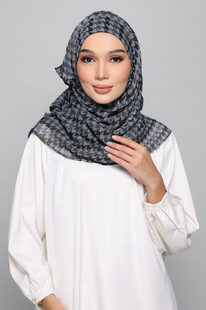 Houndstooth Charcoal - Printed Plus Crinkled Chiffon