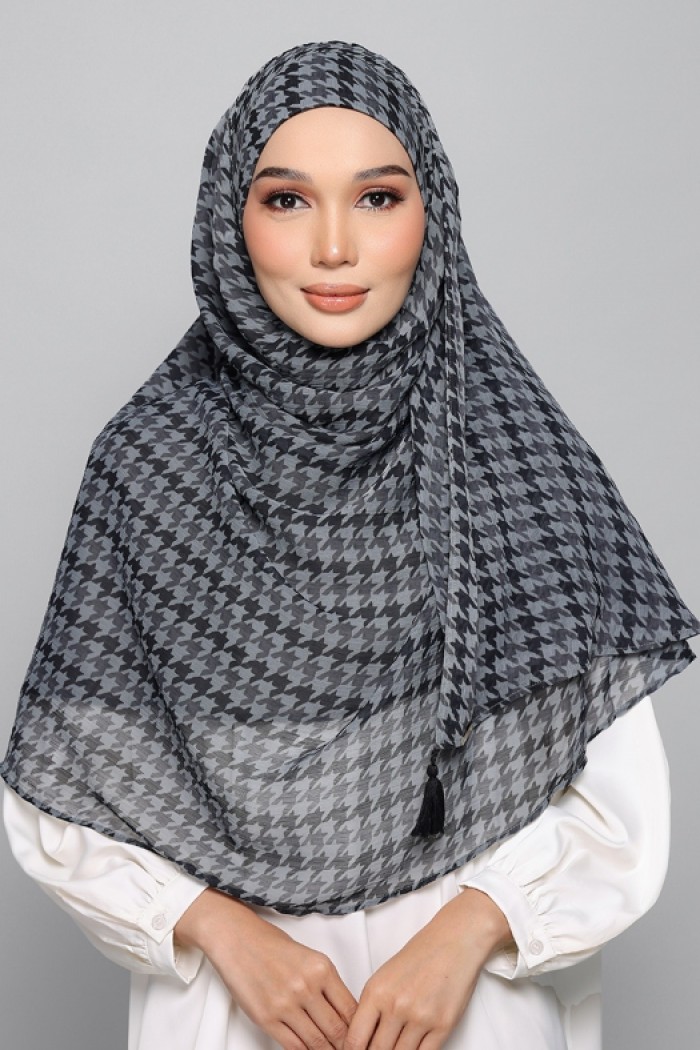 Houndstooth Charcoal - Printed Plus Crinkled Chiffon