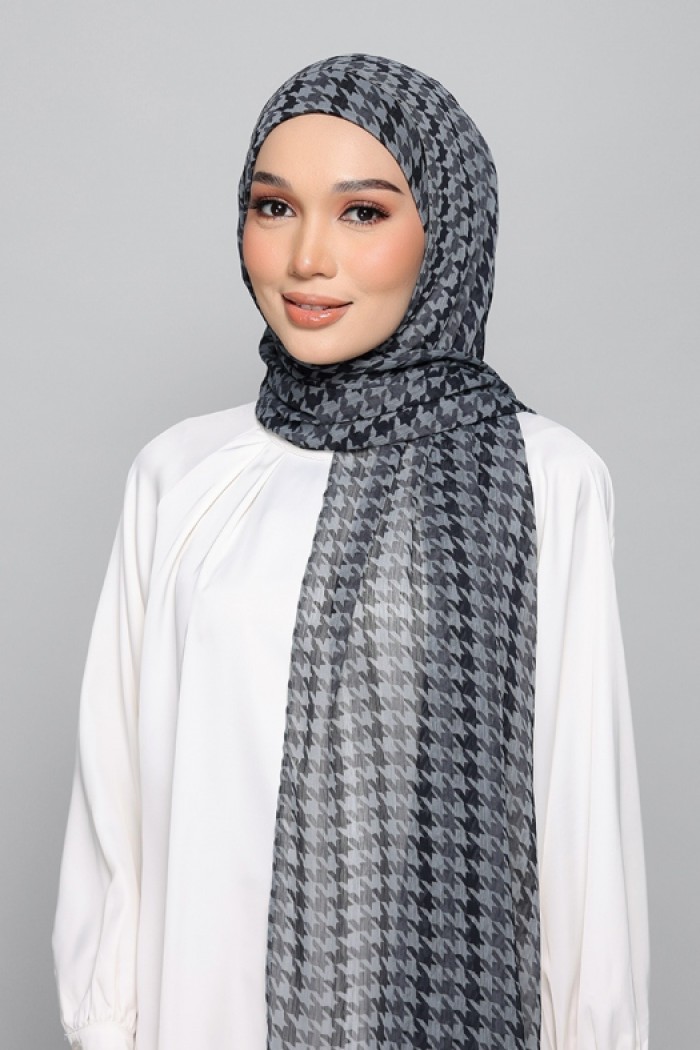 Houndstooth Charcoal - Printed Plus Crinkled Chiffon