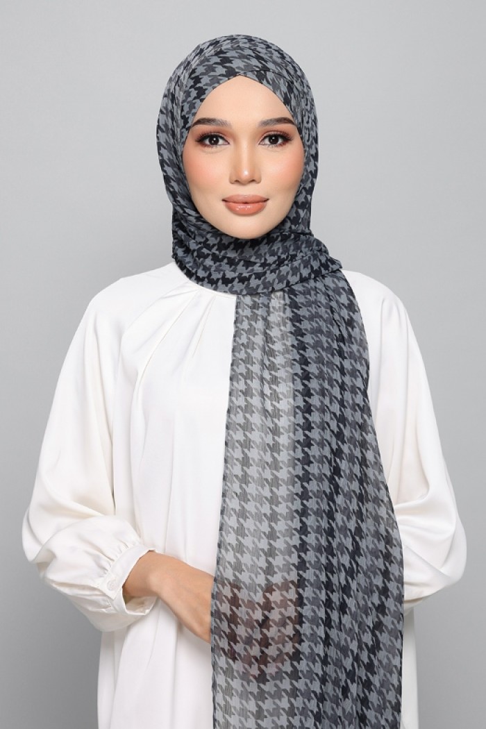 Houndstooth Charcoal - Printed Plus Crinkled Chiffon