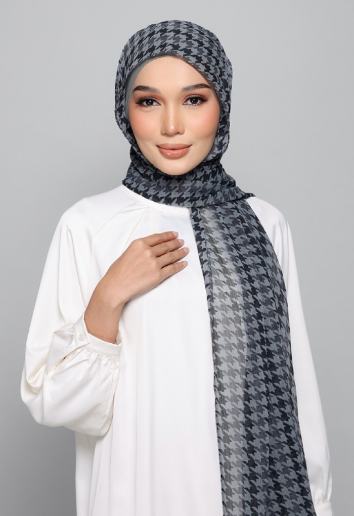 Houndstooth Charcoal - Printed Plus Crinkled Chiffon