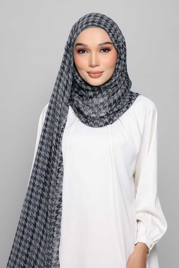 Houndstooth Charcoal - Printed Plus Crinkled Chiffon