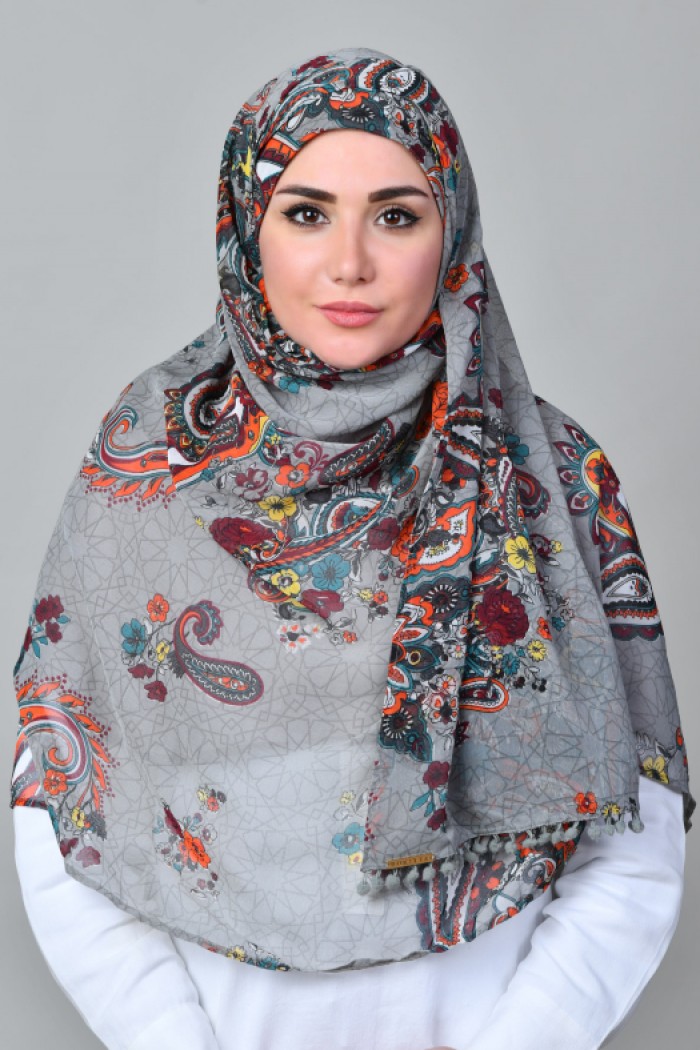 Kashmir Gray - Printed With Pompoms Mosaic Chiffon