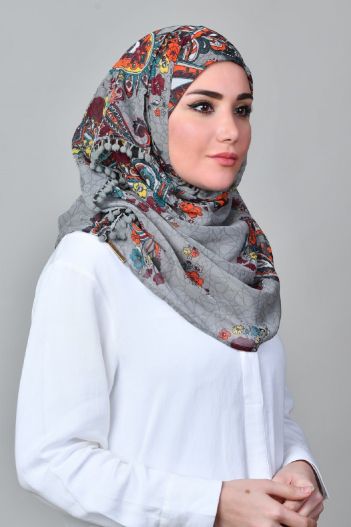 Kashmir Gray - Printed With Pompoms Mosaic Chiffon