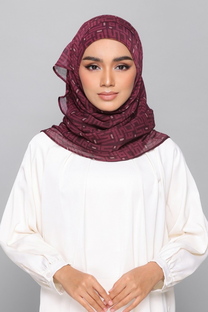 Monogram Maroon - Printed Plus Crinkled Chiffon