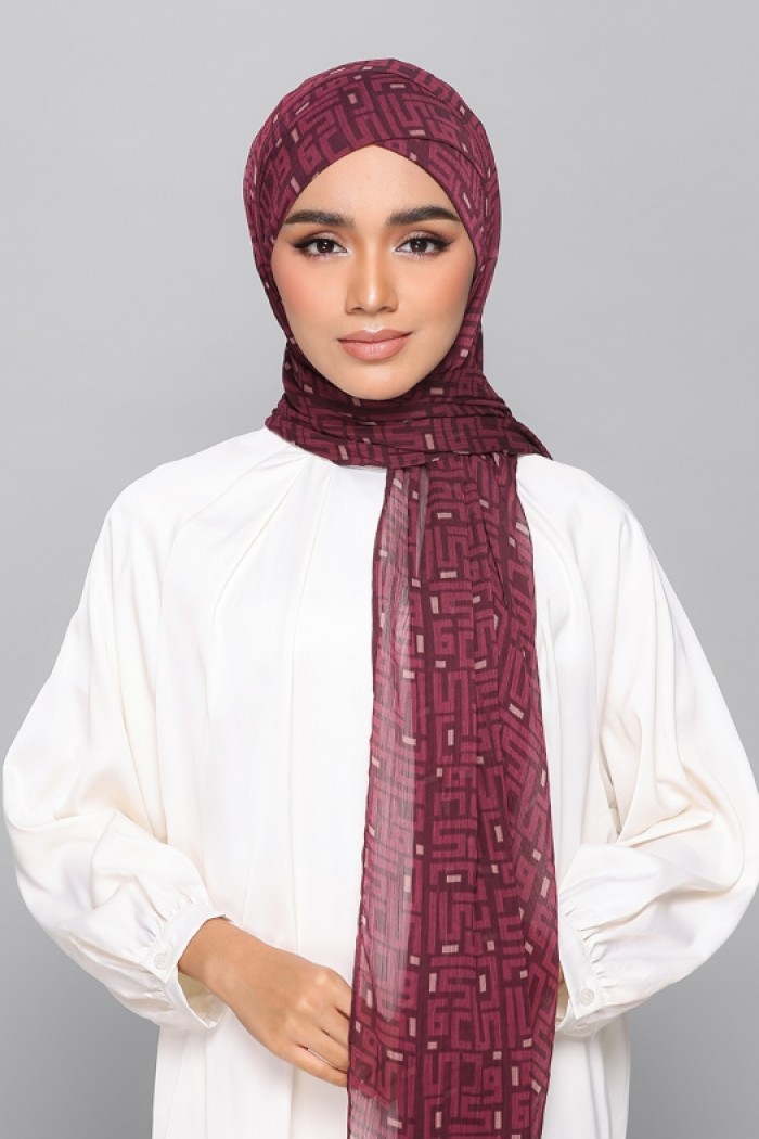 Monogram Maroon - Printed Plus Crinkled Chiffon