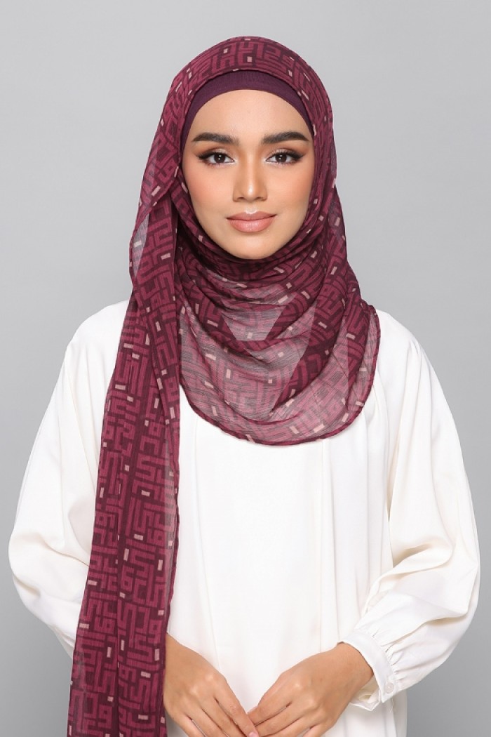 Monogram Maroon - Printed Plus Crinkled Chiffon