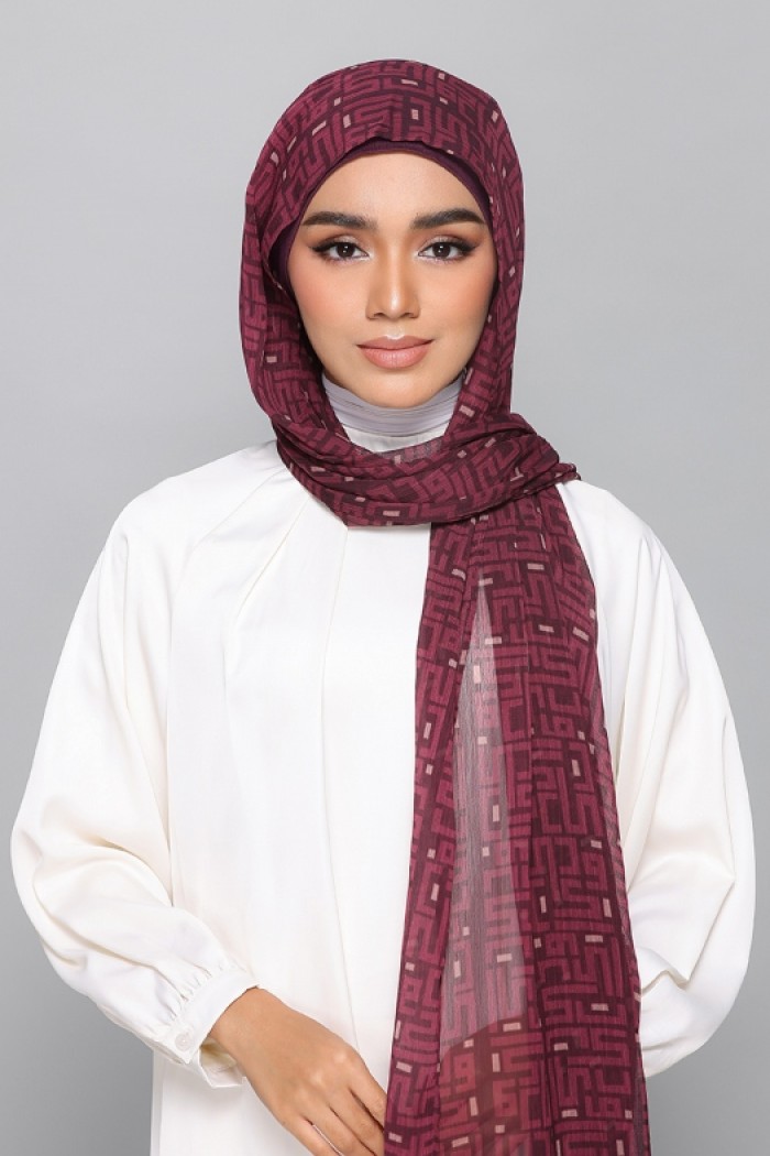 Monogram Maroon - Printed Plus Crinkled Chiffon