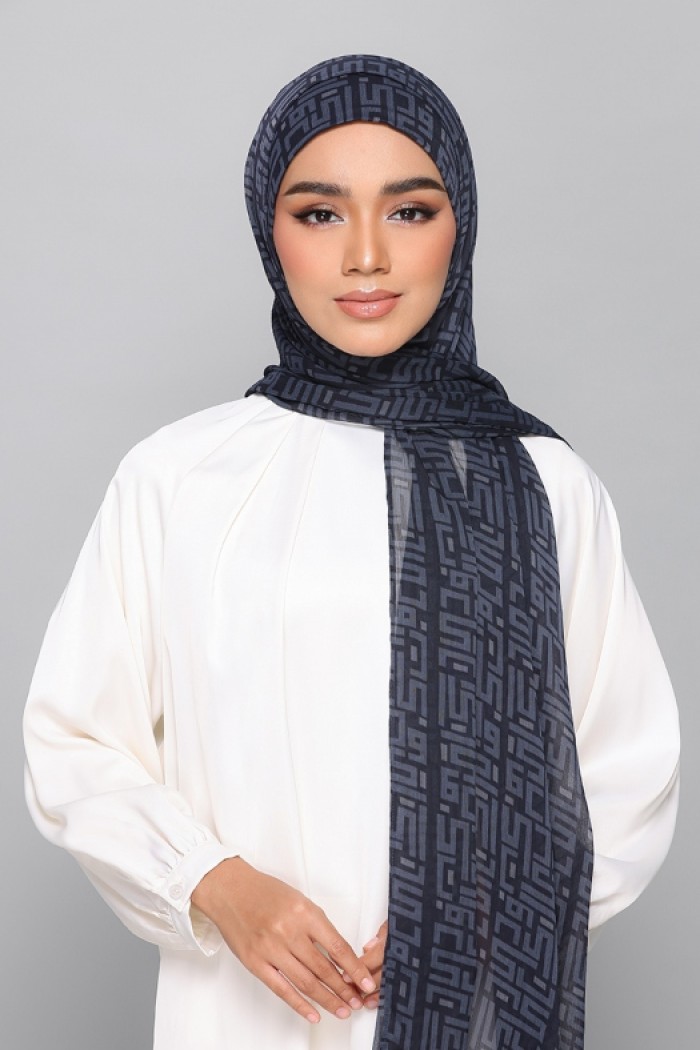 Monogram Navy - Printed Plus Crinkled Chiffon