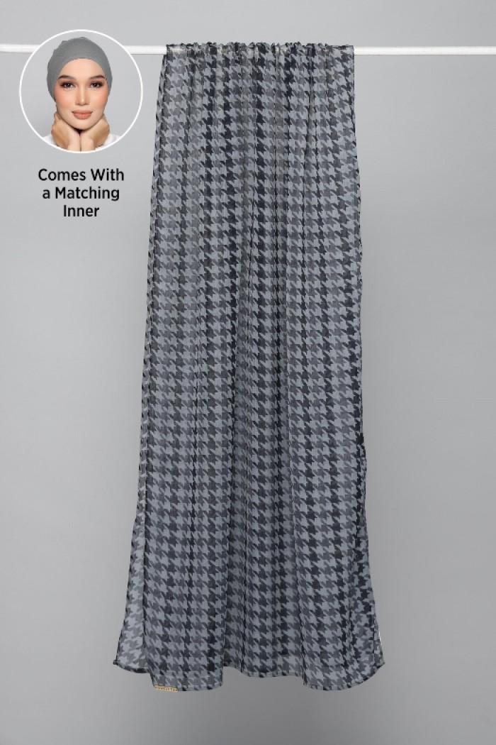 Houndstooth Charcoal - Printed Plus Crinkled Chiffon