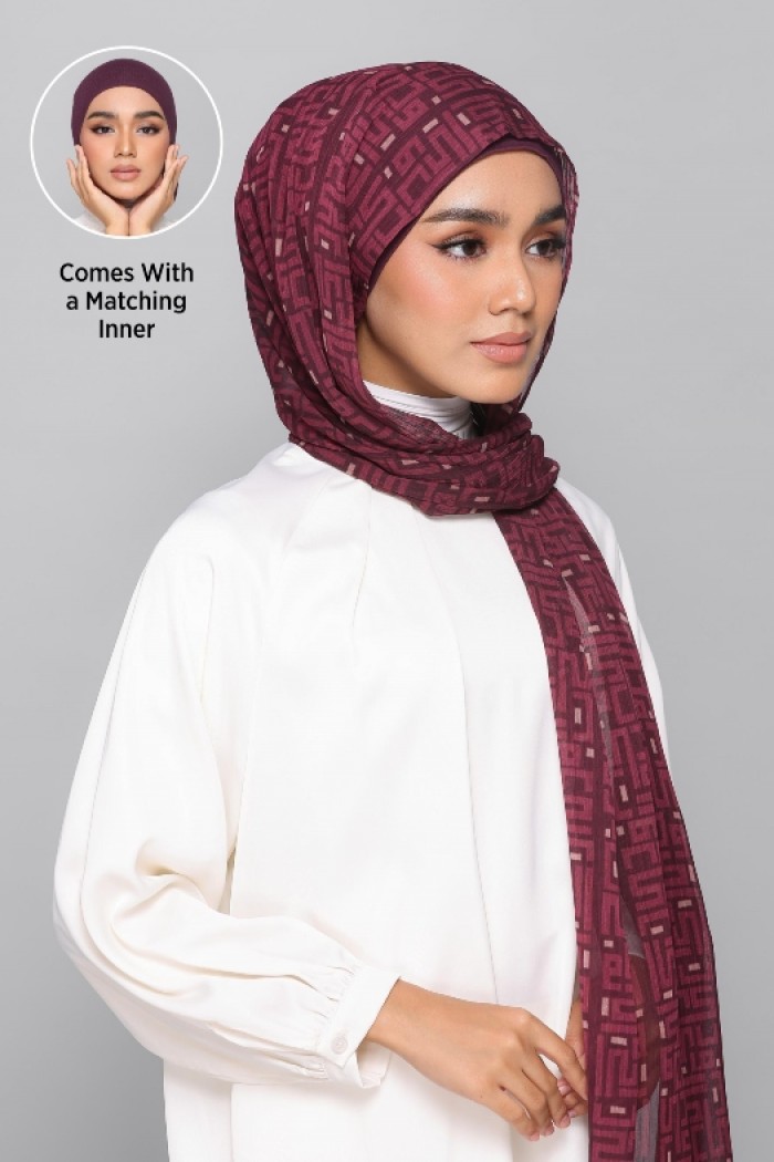 Monogram Maroon - Printed Plus Crinkled Chiffon