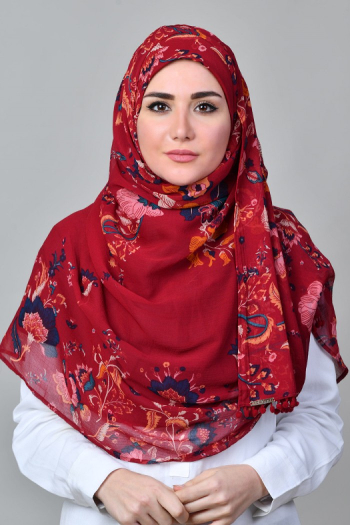 Shiraz Red - Printed With Pompoms Mosaic Chiffon